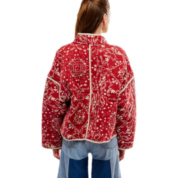 Women’s Red Cropped Puffer Jacket Floral Printed Quilted Lightweight Coat - Picture 4 of 6